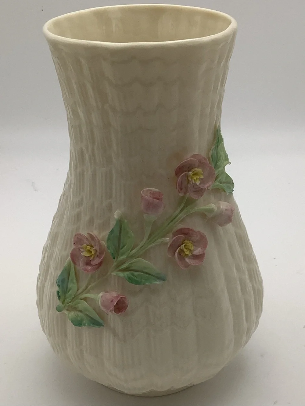 Vintage Belleek Irish Fluted Vase with 3D Floral Design